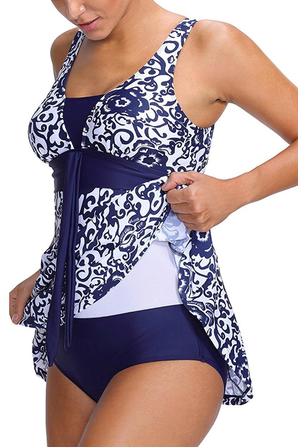 Costume da bagno intero da donna a pois con gonna per il controllo della pancia
