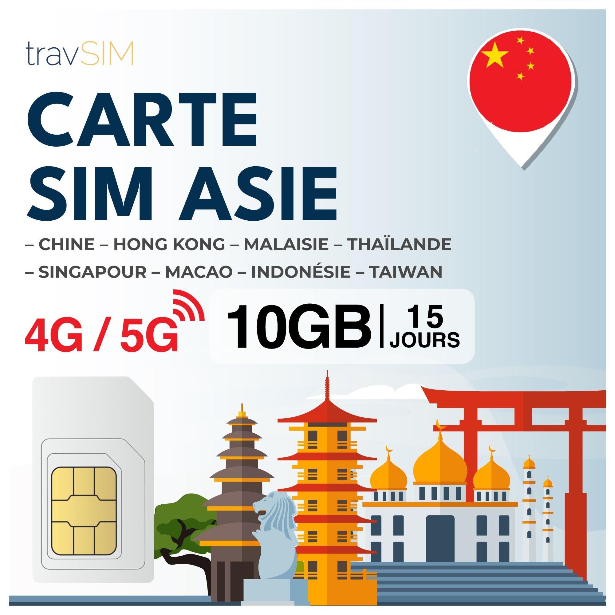 Tarjeta SIM Asia travSIM | 15 días – 10 GB | Tarjeta SIM Asia, Uso en Macao, China, Hong Kong, Malasia, Tailandia, Singapur y más | Acceso a Google, Facebook, Whatsapp y más | Sin costes de