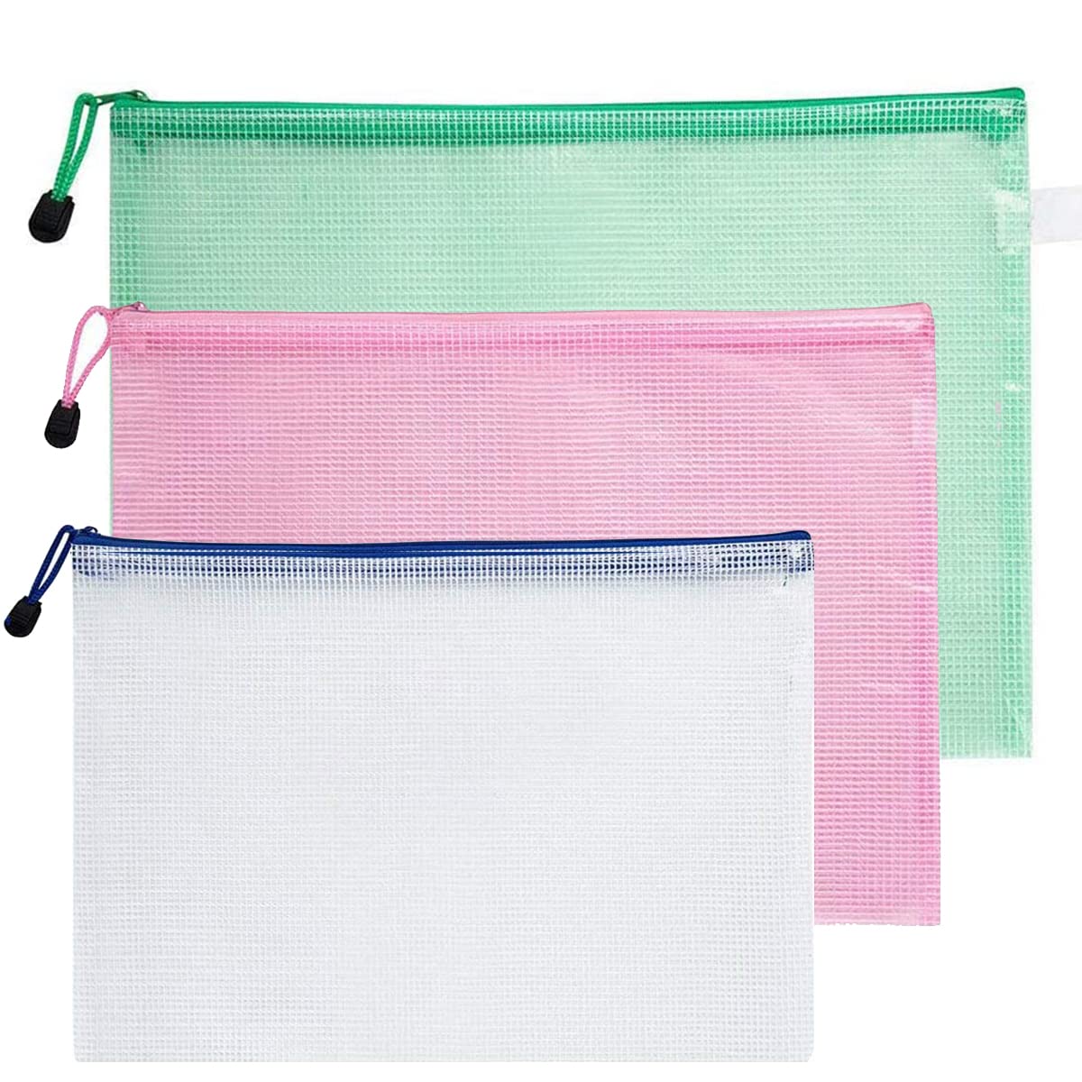 MACHSWON 3Pcs Plastic Wallets File Folder Document Mesh Zipper Bags A3 Zip Bag Multicolor(White Pink Green)