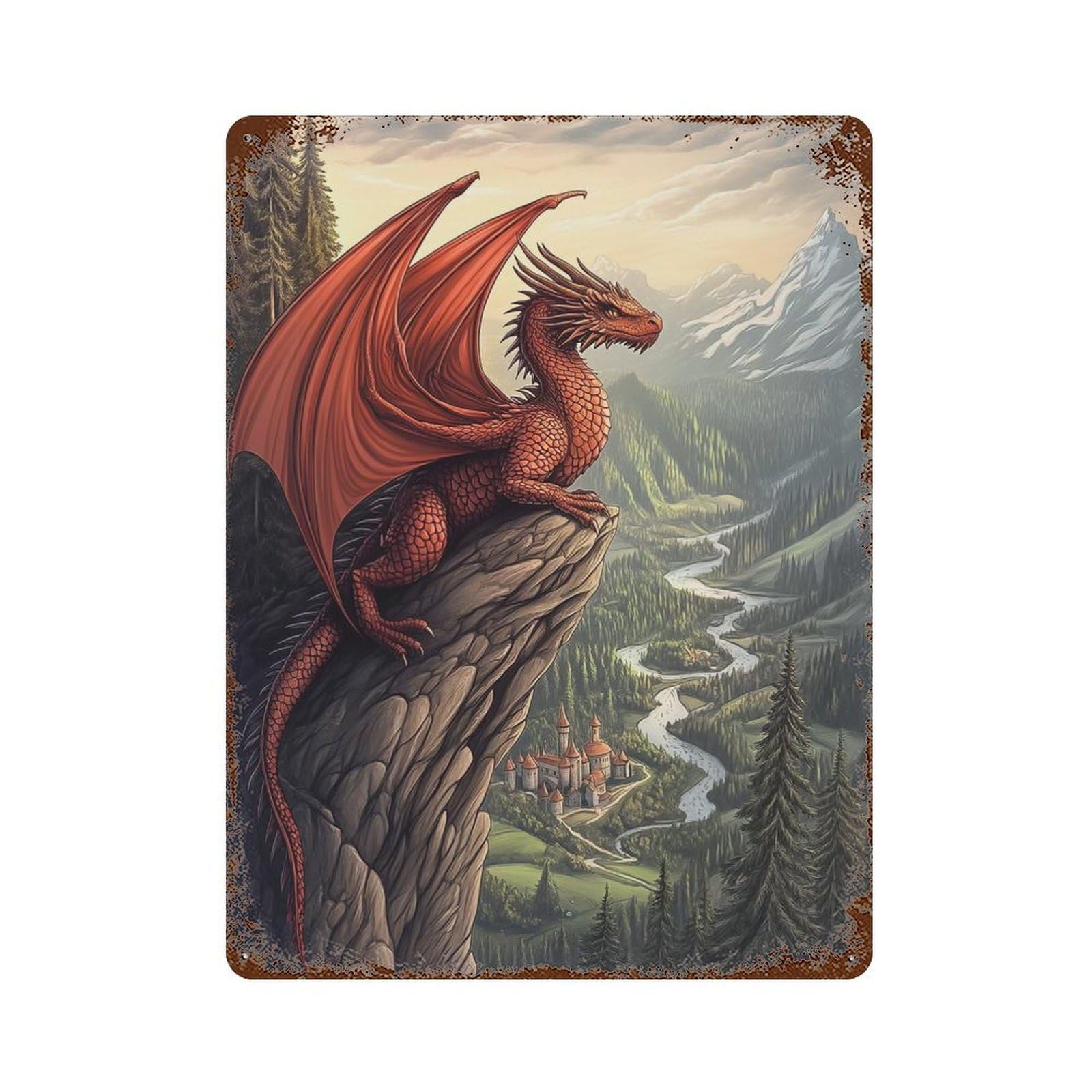 Garage Style Red Dragon on Mountaintop Distressed Metal Wall Sign 15.7"x11.8", Shabby Chic Decor for Bar And Workshop