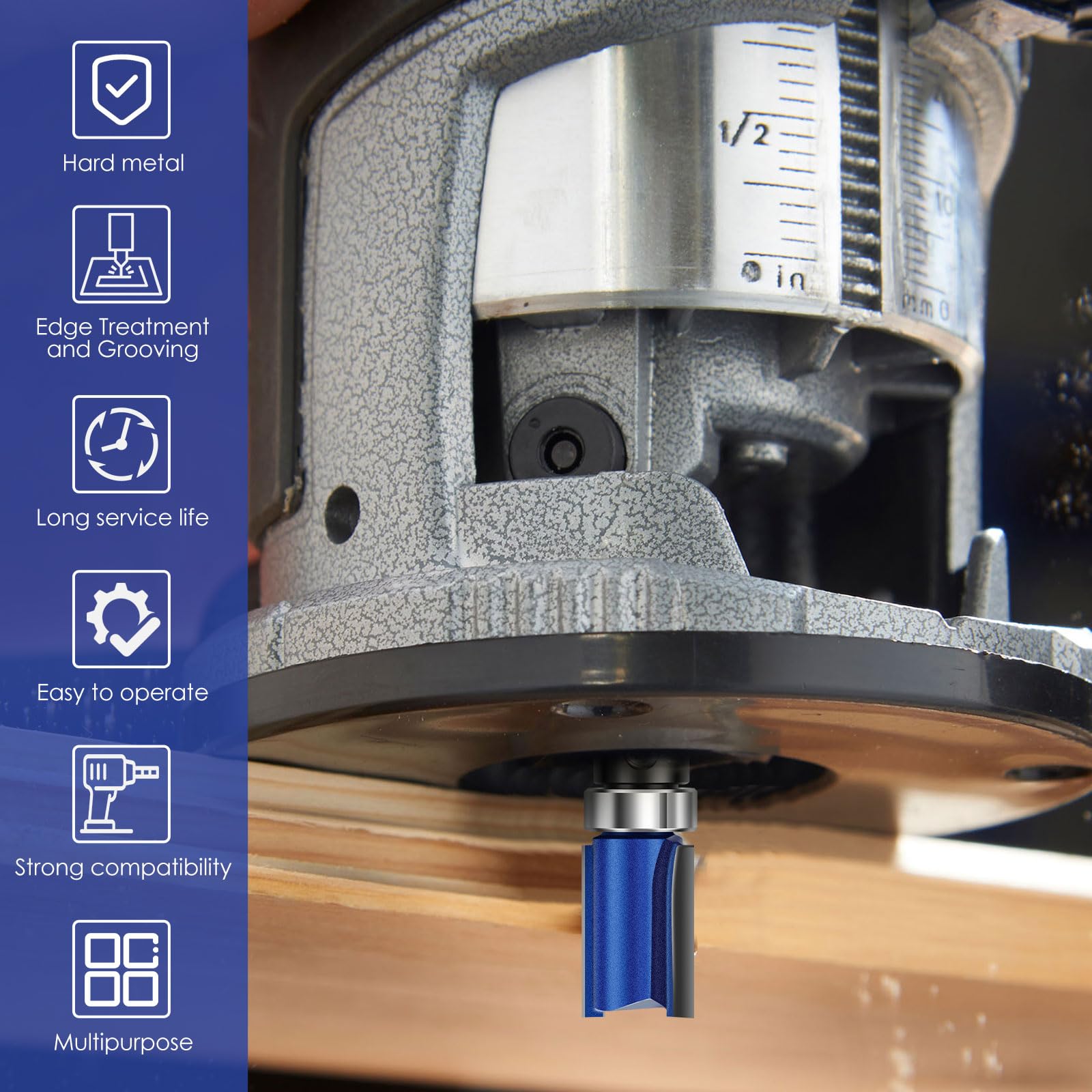 1/4 Inch Shank Blue Pattern Flush Trim Router Bit Set, 4Pcs Carbide Wood Router Bits, Template Guide Woodworking Tool, Cutting Diameter 12.7mm for Woodworking Home DIY