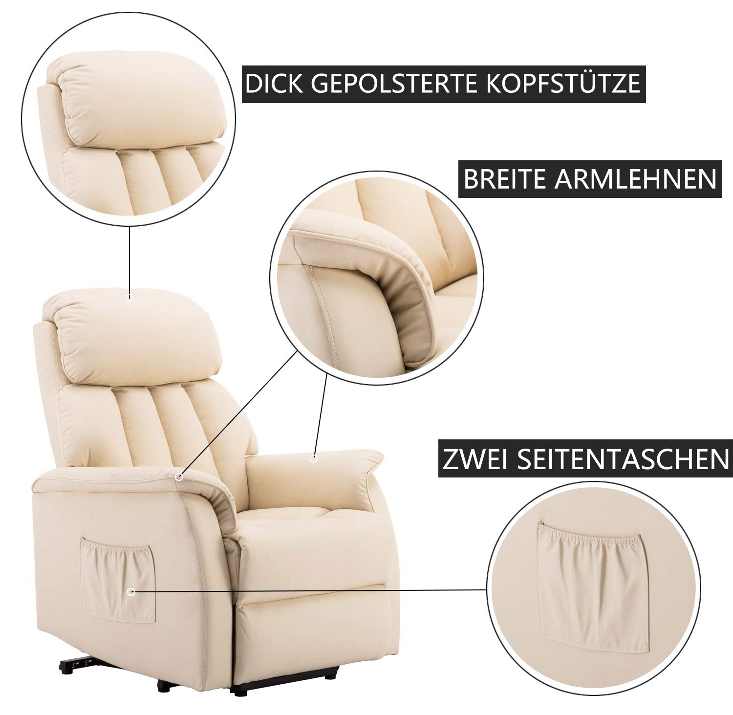 M MCombo Fernsehsessel mit Aufstehhilfe Elektrisch, Relaxsessel mit Liegefunktion, Seniorensessel für Wohnzimmer, TV Sessel mit Liegefunktion bis 140° 7299(Kunstleder, Cremeweiß)