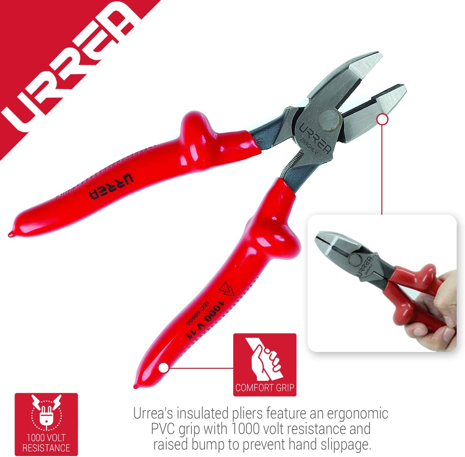 URREA Insulated Pliers - 9-1/2" 1000V Universal Cut Pliers with Super-Duty Jaws & PVC Handles - 269GHLV