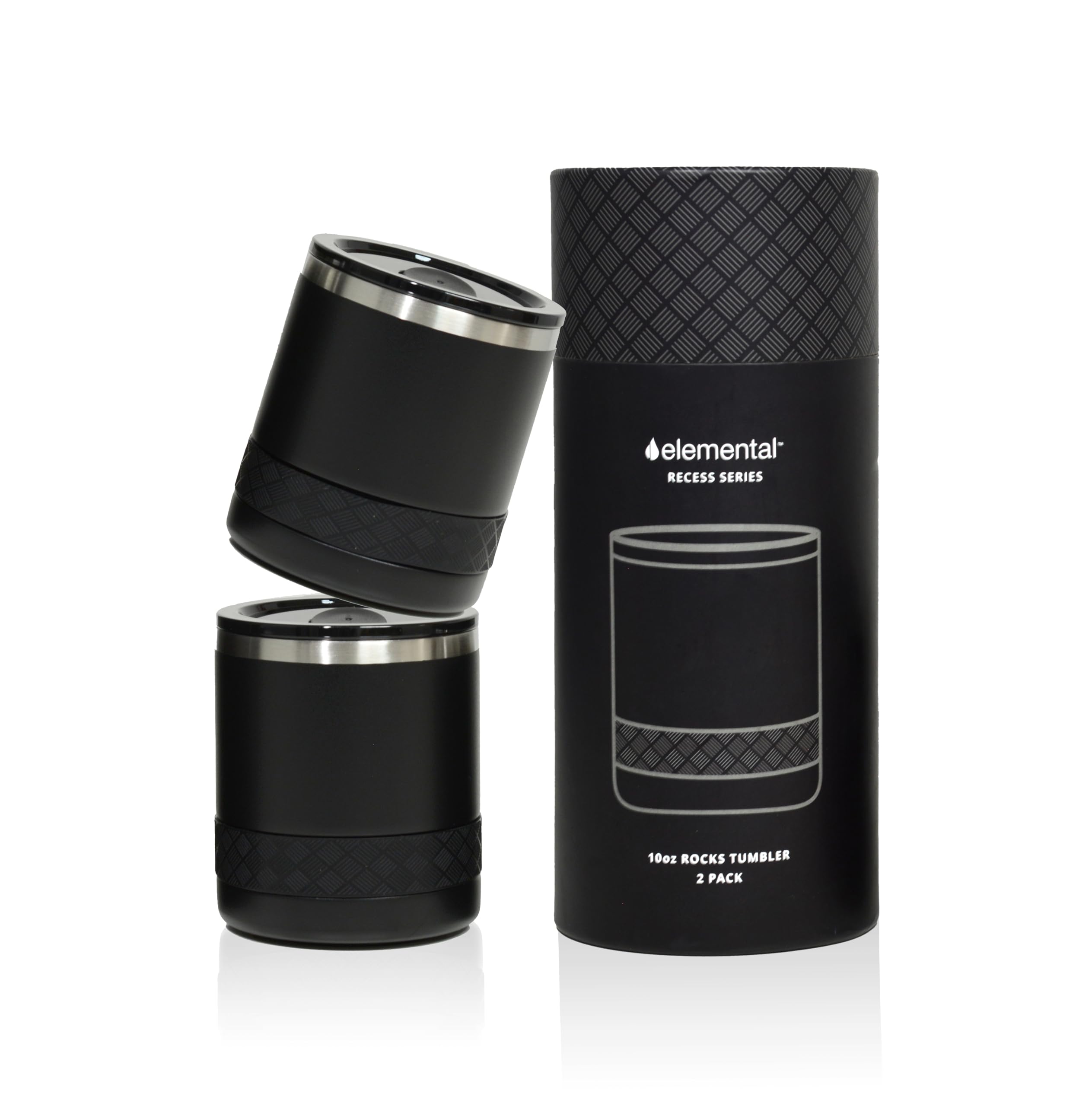 Elemental Recess Lowball Tumbler Set of 2, 10oz Triple Wall Stainless Steel Cup with Non-Shattered Tritan Lid, Insulated Whiskey Glass, Insulated Coffee Tumbler Mug for Hot &amp; Cold Drinks - Black