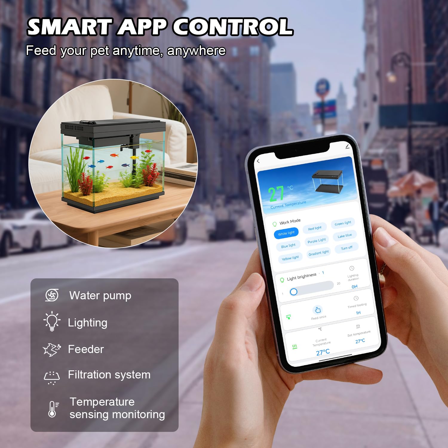 Smart Aquarium - Acquario in vetro da 5 galloni con pompa dell'acqua silenziosa, sistema di autopulizia, filtro efficienza, luci LED a 7 colori, display automatico della temperatura, vetro HD