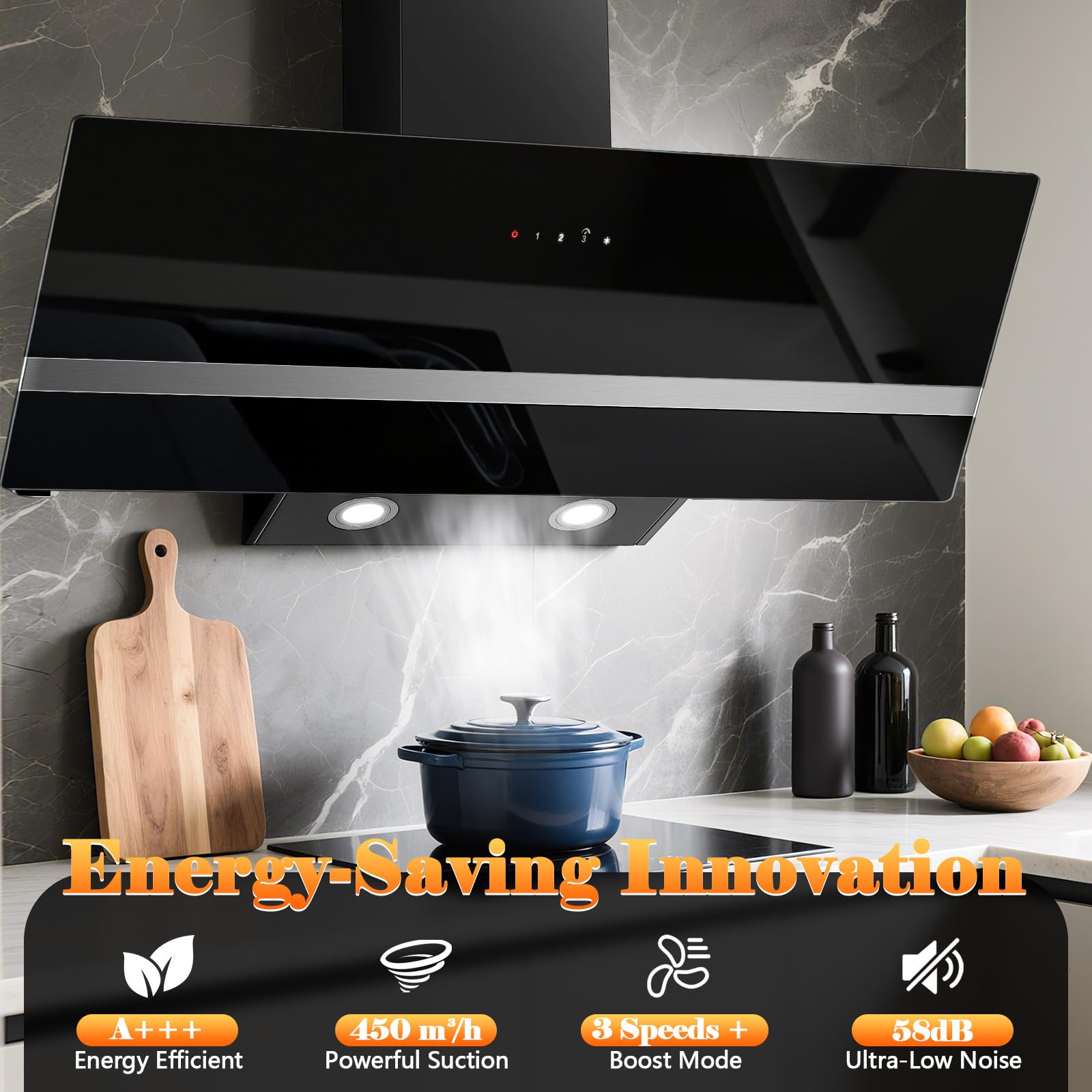 SNDOAS 90cm Cooker Hood, A+++ Wall Mounted Extractor Hood with DC Motor, 450 m³/h, 3 Speed & Booster, Touch Control and Recirculating & Ducting System for Kitchen Extractor Fan, Tempered Glass, LED — view 2