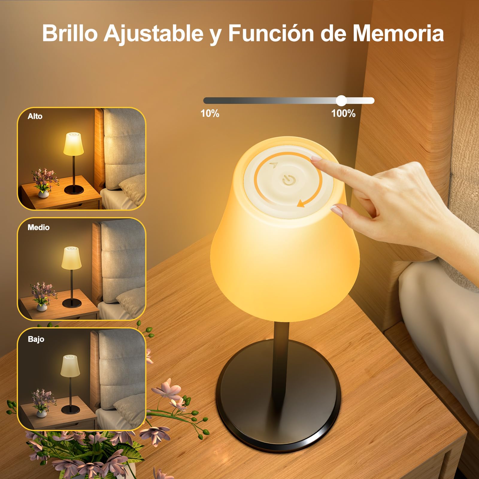 Suright Lámpara de Mesa Inalámbrica con 3 Temperaturas de Color+RGB, Lámpara de Noche Recargable Brillo Ajustable, Lámpara de Escritorio IP54 Impermeable para Restaurante, Dormitorio, Camping