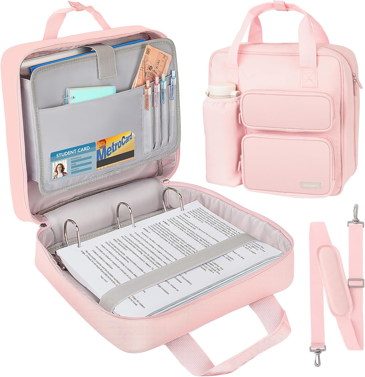 zipper binder 3 ring, 700 sheets capacity, binder 3 inch with shoulder strap fits 13 inch laptop for school and office,pink