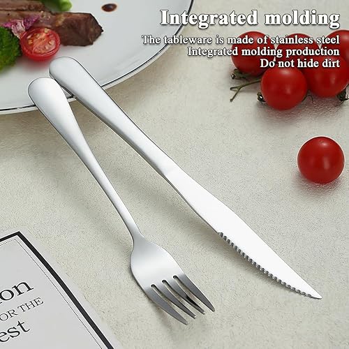 Miniatura 7 de Juego de cuchillos para carne, 24 piezas, acero inoxidable, 12 tenedores y 12 cuchillos de cena, cuchillos para carne, tenedores para carne, aptos