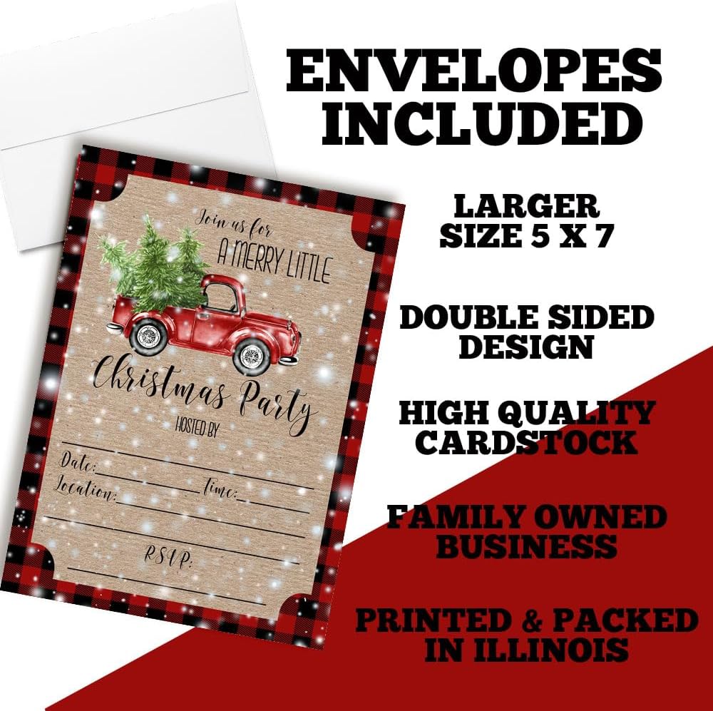 Watercolor Red Pickup Truck Christmas Invitations with Envelopes 20 Pack 5x7 Double Sided Fill-In Cards, Holiday Party Invite Set with White Envelopes, Made in USA by Amanda Creation