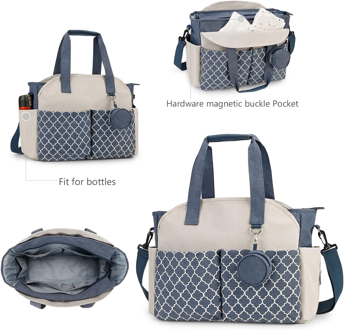 1 sac à langer fourre-tout avec station à langer, sac multifonction pour bébé avec bandoulière réglable (bleu foncé + beige)