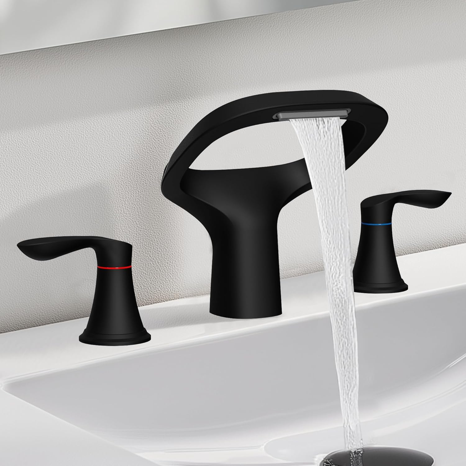 Black Bathroom Faucet, Bathroom Sink Faucets 3 Hole with Adjustable Spout, Solid Brass Modern Widespread Vanity Faucet with Water Supply Hoses and 2 Handles for 6 to 12 Inch Sink