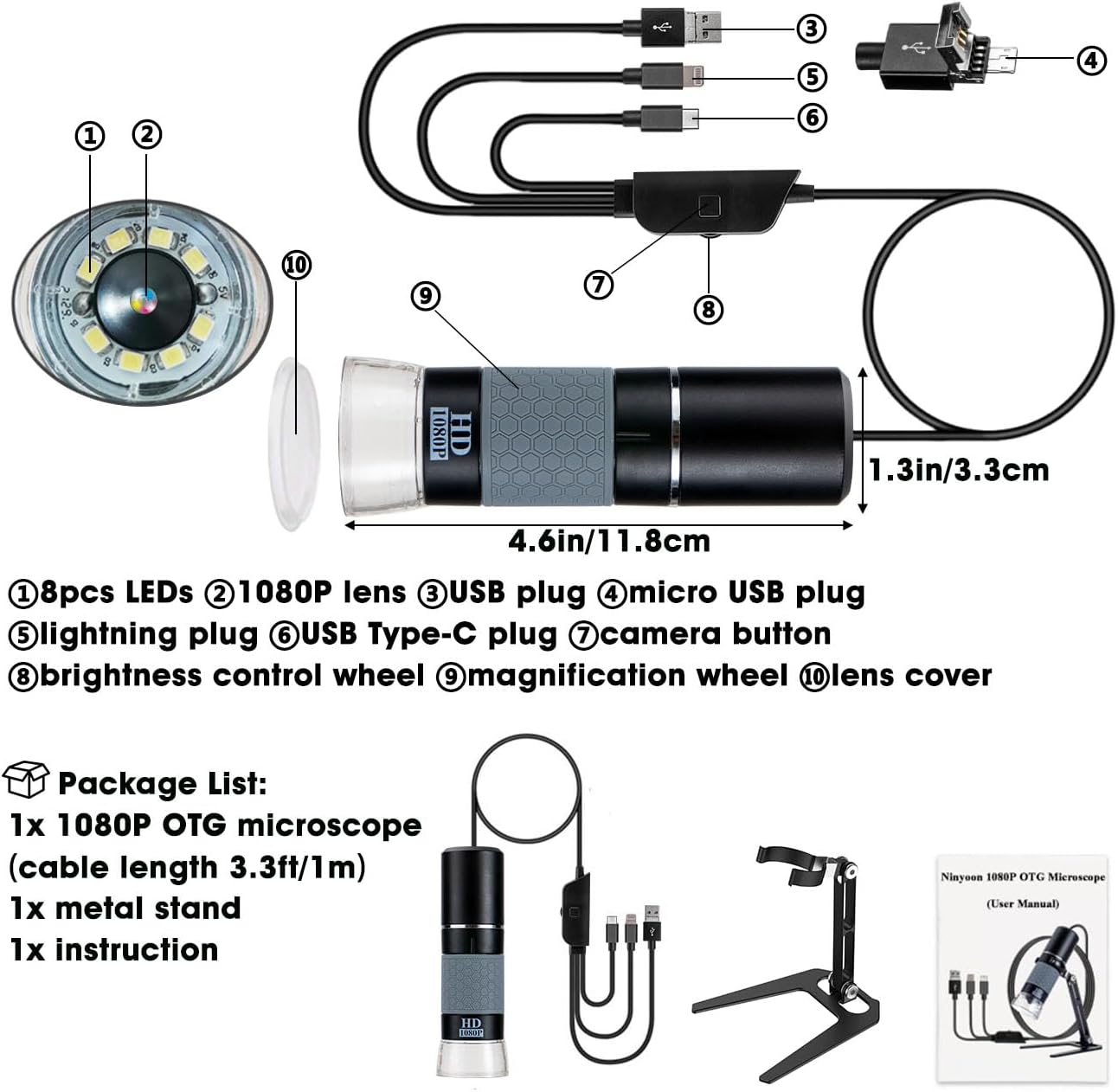 Ninyoon Full HD 1080P USB Digital Microscope Camera for iPhone iPad Android PC, 50-1000X High Definition Portable Handheld Microscope with Light for Coin Plants Trichome Soldering Skin Scalp