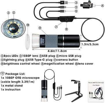 Full HD 1080P USB Digital Microscope Camera for iPhone iPad Android PC, 50-1000X High Definition Portable Handheld Microscope with Light for Coin Plants Trichome Soldering Skin Scalp