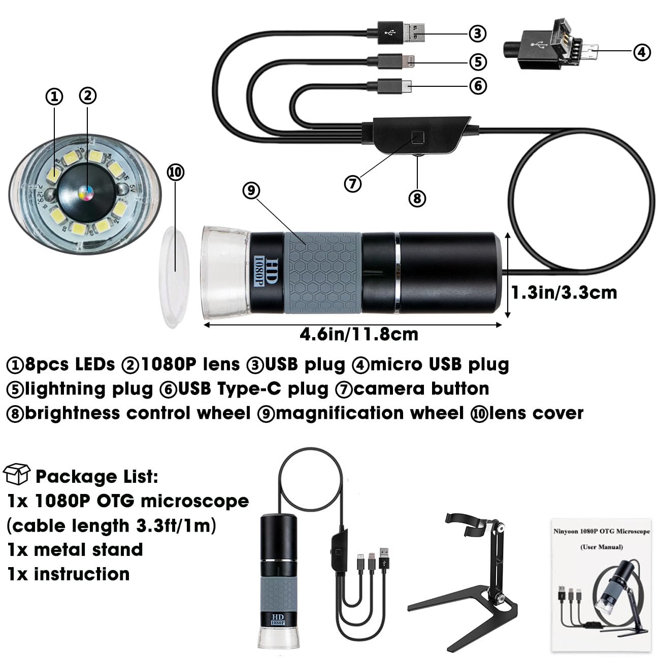 Microscope Numérique USB Full HD 1080P pour iPhone iPad Android PC, Microscope Portable Haute Définition 50-1000X avec Lumière pour Pièces de Monnaie Plantes Trichome Soudure Peau