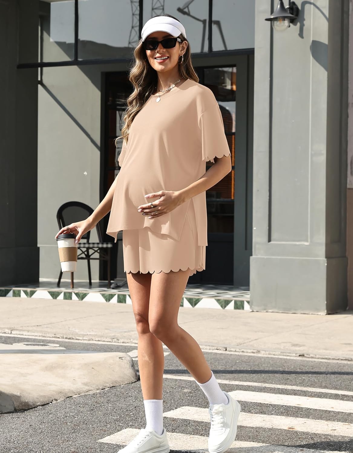 Charmo Two Piece Sets Women Scalloped Maternity Set Vacation Outfits 2026 Side Split Shirt Drawstring Over Belly Short Pocket - Image 8