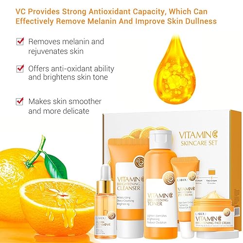 Miniatura 2 de Set de cuidado de la piel con vitamina C, juego de regalo 5 en 1 para el cuidado de la piel con limpiador, tóner, suero facial, crema facial y crema