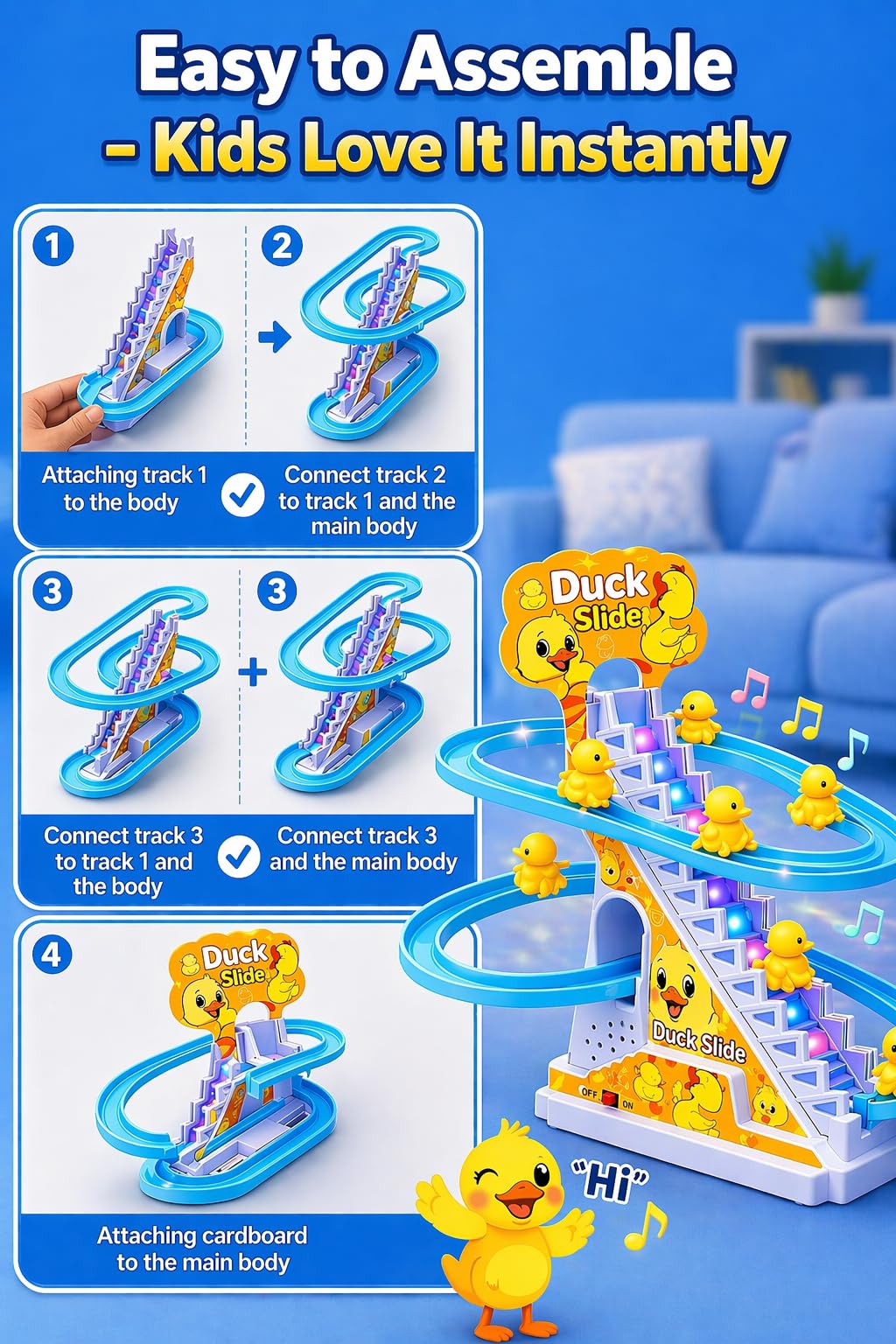 TEC TAVAKKAL Duck Slide Toy Set, Funny Automatic Stair-Climbing Ducklings Cartoon Race Track Set Duck Roller Coaster Escalator Toy with Flashing Lights & Music (Duck Slide Track Set) — Amazon image 6