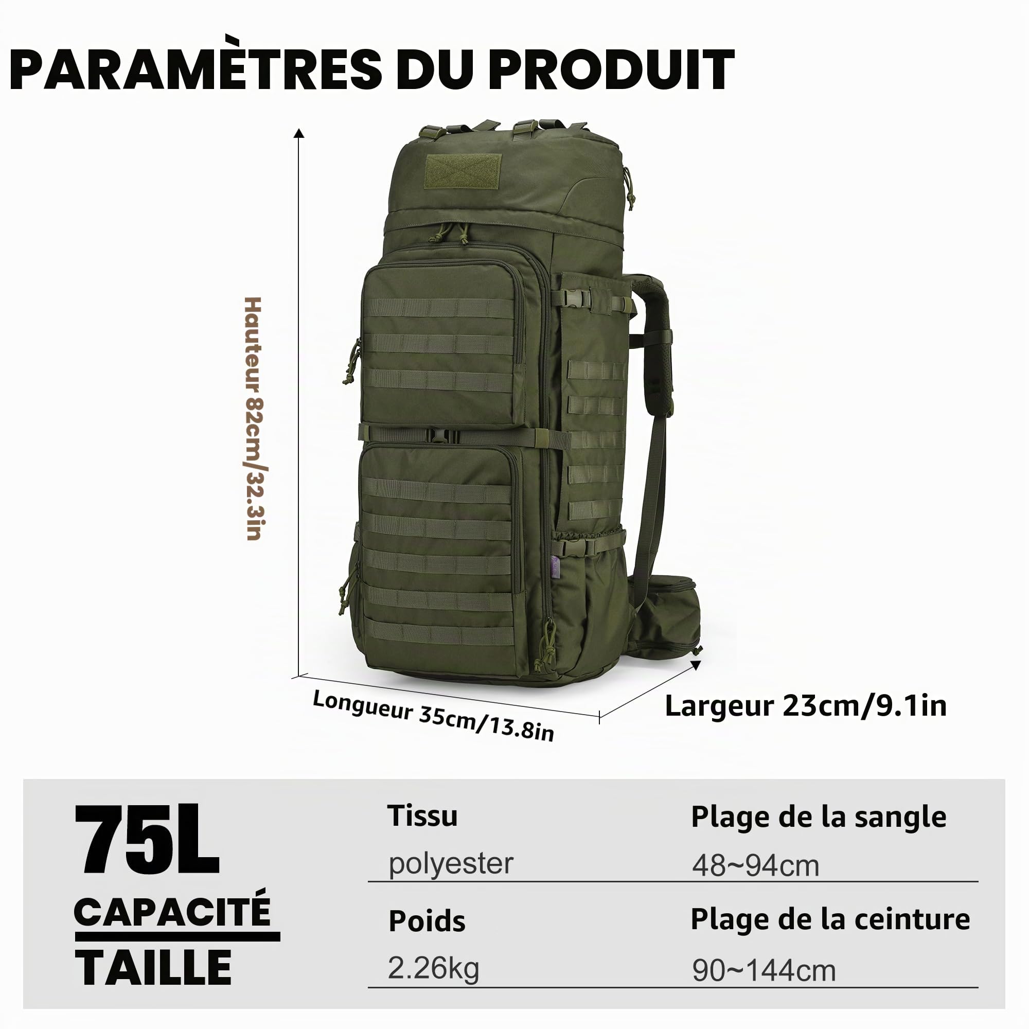 Mardingtop Sac à dos militaire 75L Sac à dos de randonnée avec housse de pluie，MOLLE-system Sac à dos de trekking Grande capacité Backpack pour le trekking,la randonnée et le camping