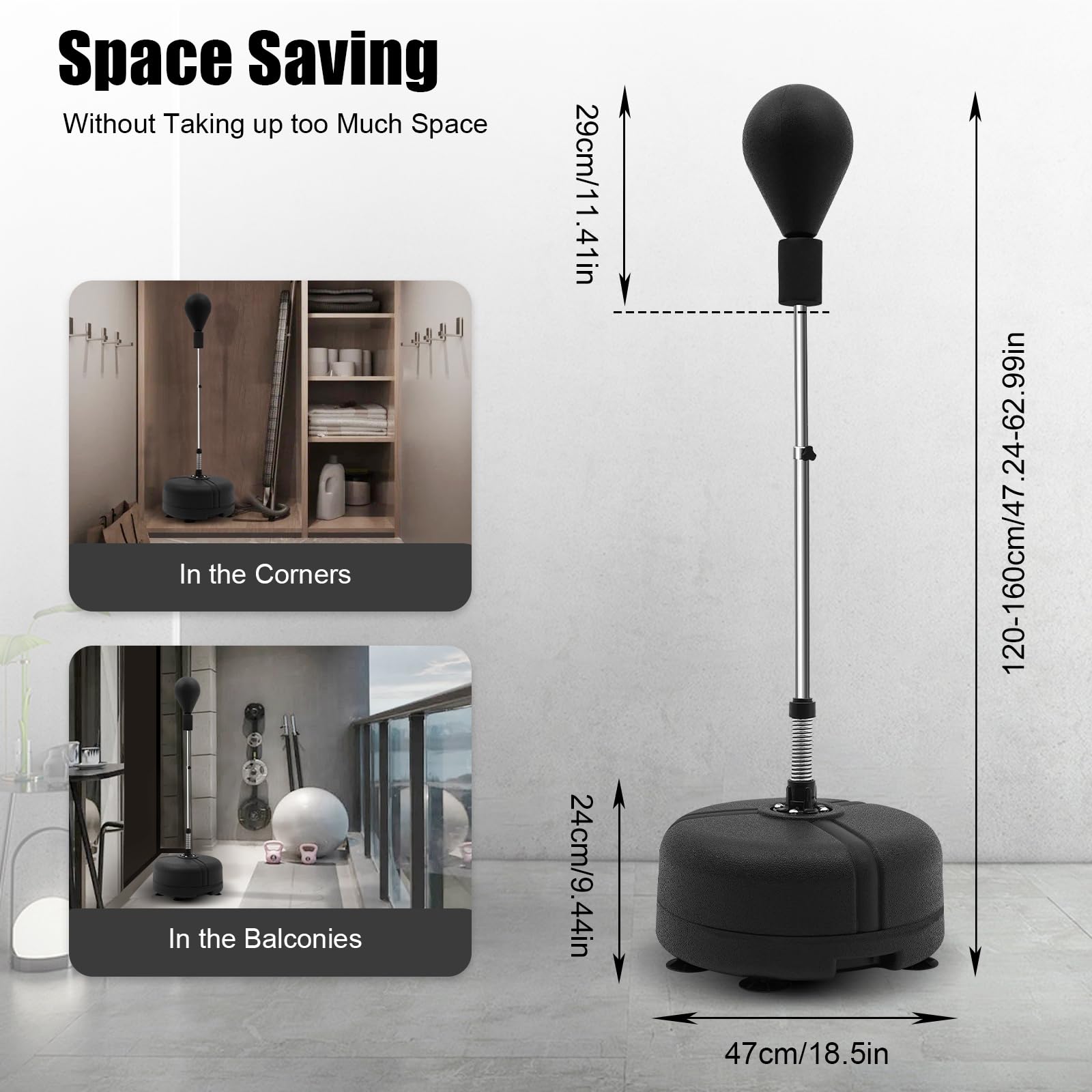 Punchingball - Saco de boxeo de pie (120-160 cm, ajustable, para adultos), color negro