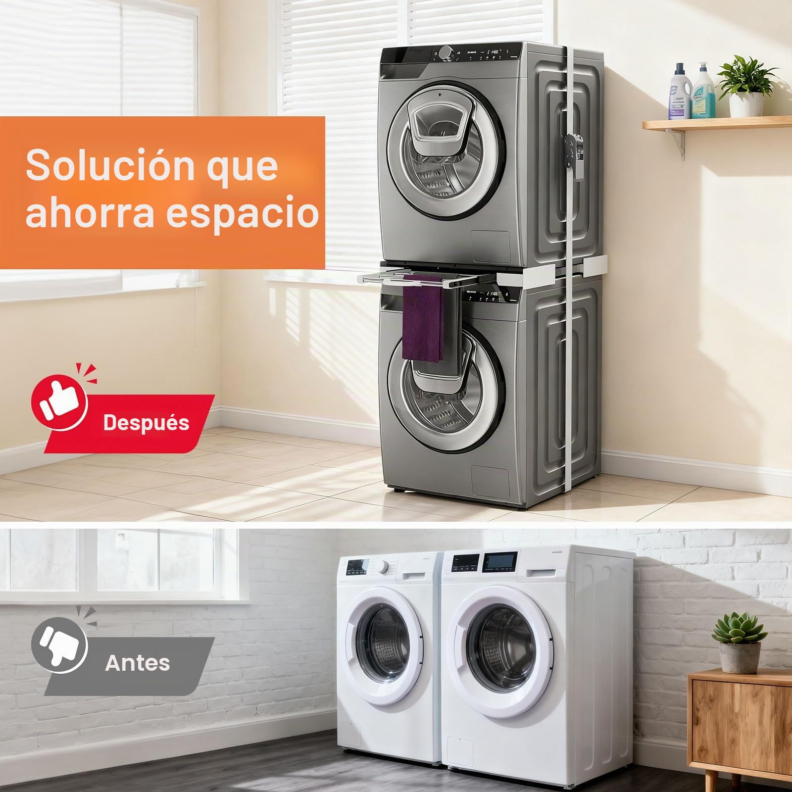 Kit de Unión Universal para Lavadora y Secadora, Marco Intermedio Universal Resistente con estante extraíble, Kit Apilado Universal, Capacidad de Carga de 12kg, Apto para Lavadoras con 46-72 cm