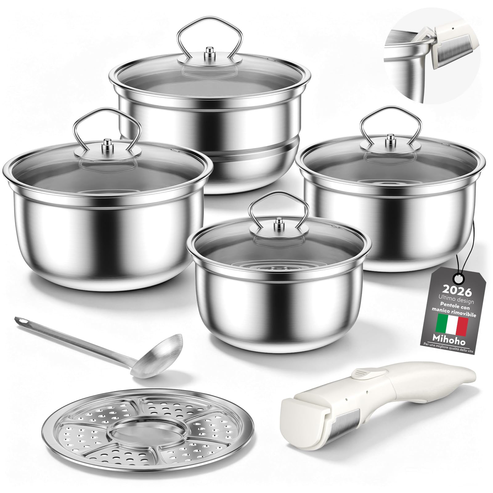 Set di pentole in acciaio inox con manico rimovibile,11 pcs pentole antiaderenti per cucina a induzione con coperchi e utensili,pentole per camper,lavabili in lavastoviglie e adatte (Quattro articoli)