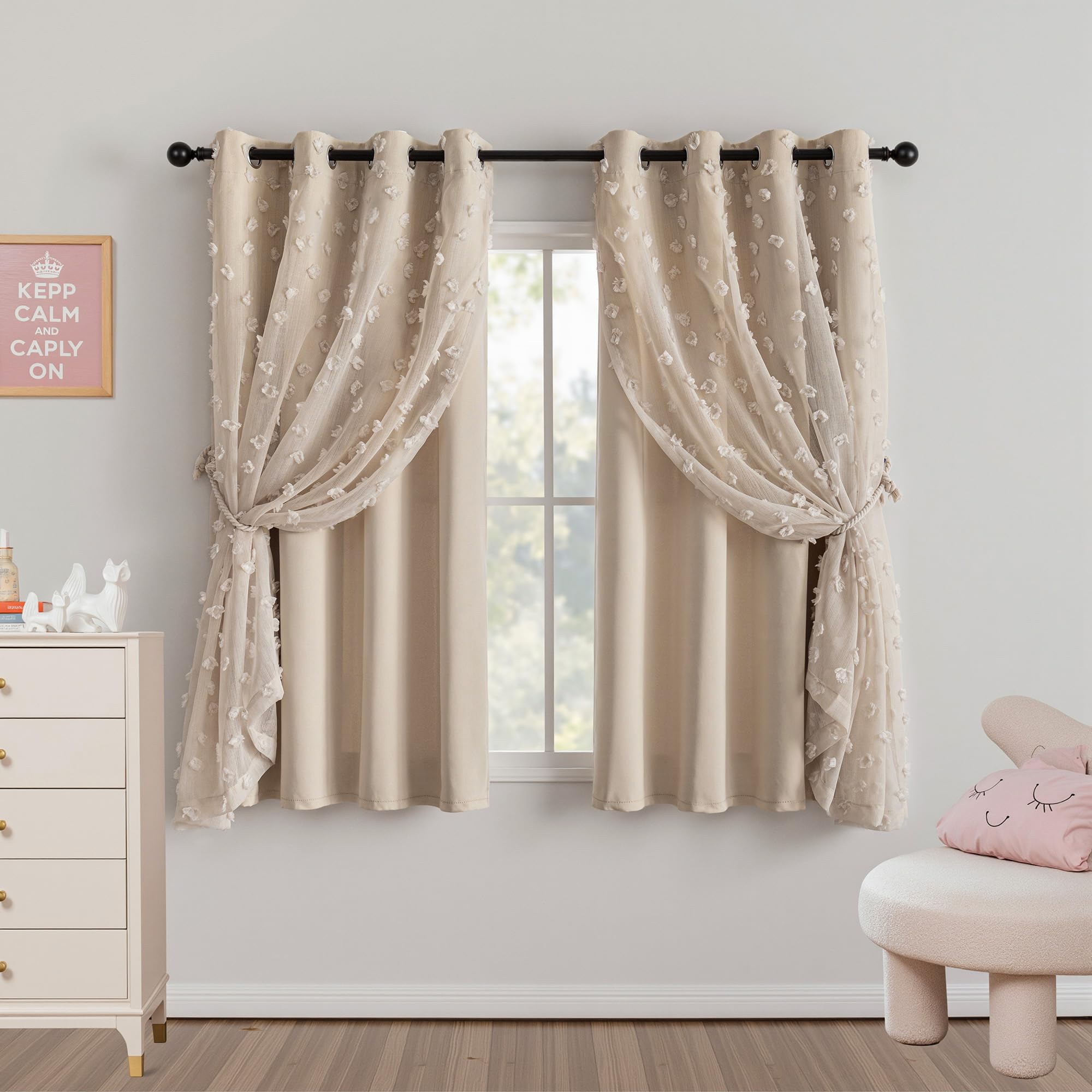 Double Layer Curtains for Girls Bedroom Kids Curtain Beige Pom Pom Sheer Window Curtains 2 Panels Beige Curtains Grommet Room Darkening Solid Nursery Curtains 63 Inches Length, W52 X L63