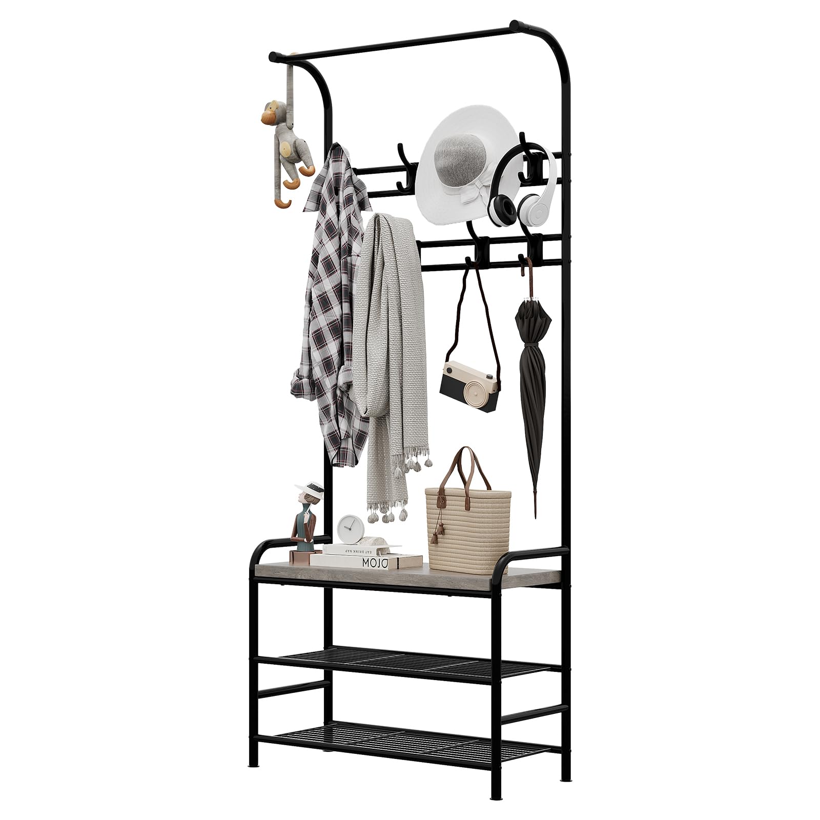 Aptliton Coat Rack with Shoe Bench 60cm, 3-in-1 Narrow Hall Tree Entryway Stand, Industrial Metal Frame Hallway Organiser with 8 Hooks & Top Hanging Rai