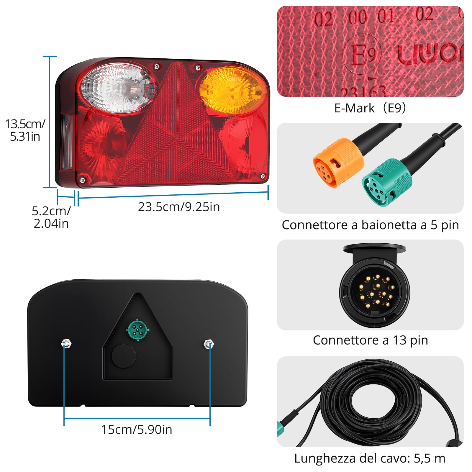 AUTOUTLET Kit Luci Posteriori Alogene per Rimorchio,Connettore 13 Pin con 7 Funzioni/Cavo da 5,5 M,Omologato E9,Impermeabile IP65,Design a Baionetta,Fanali Posteriori Universali Multifunzione
