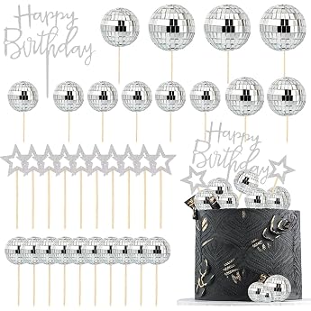 33pcs Disco Ball Cake Toppers Happy Birthday Cupcake Picks 1970s Disco Theme Decorations for 70s Disco Birthday Party Favour
