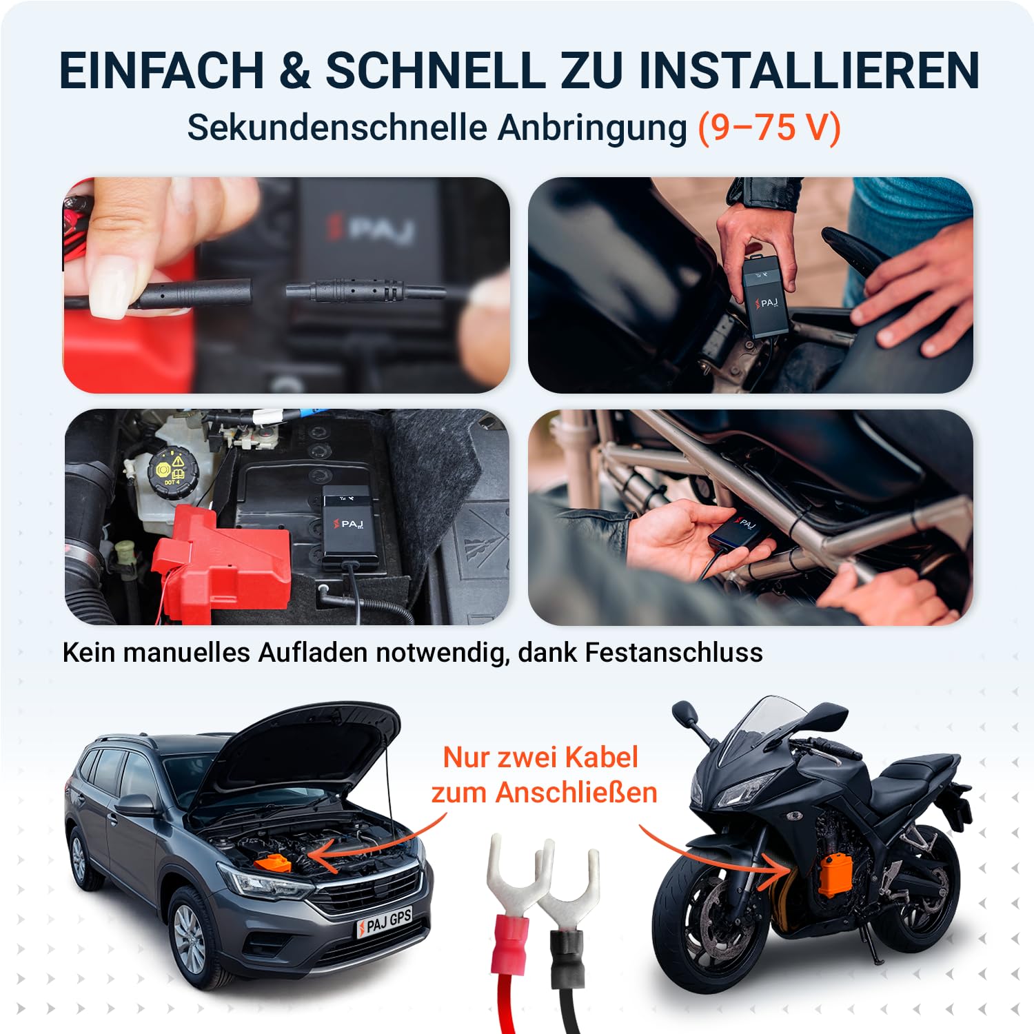 4G Motorrad und Fahrzeug GPS Tracker, Vehicle Finder 2.0 von PAJ GPS, Direktanschluss 9-75 V, Live-Ortung per App, 365 Tage Streckenspeicher, Alarmmeldungen direkt auf Ihr Handy