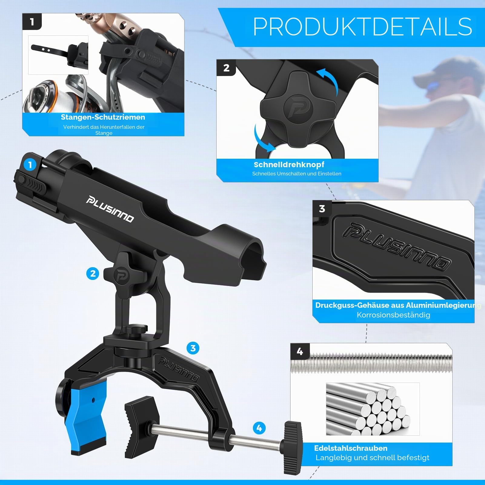 PLUSINNO Angelrutenhalter für Boote, mit vergrößerter Klemme, innovatives doppeltes V-Design, passend für runde und quadratische Bootsrohre, Angelzubehör, Angelgeschenk für Herren, 1/2/4er-Pack