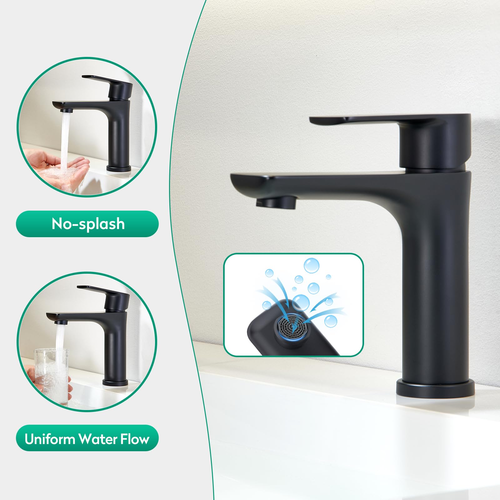 CREA Grifo de baño, grifo de lavabo con desagüe, grifo mezclador de ahorro de agua, grifo de alta presión para baño, monomando, color negro mate