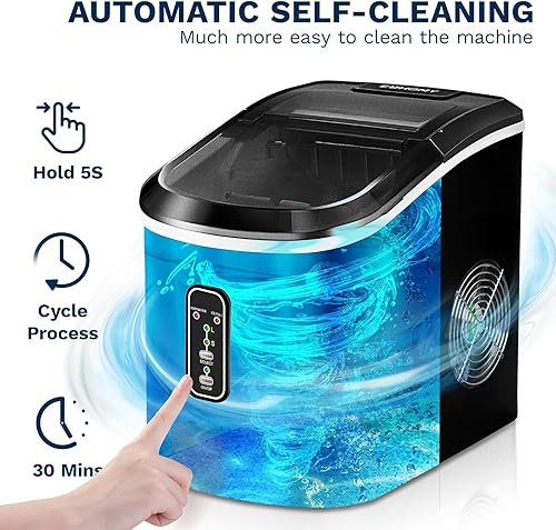 Vista 4 de Euhomy Encimera para hacer hielo, 26 libras/24 horas, 9 cubos listos en 6 minutos, autolimpiante, máquina de hielo potable compacta con cuchara