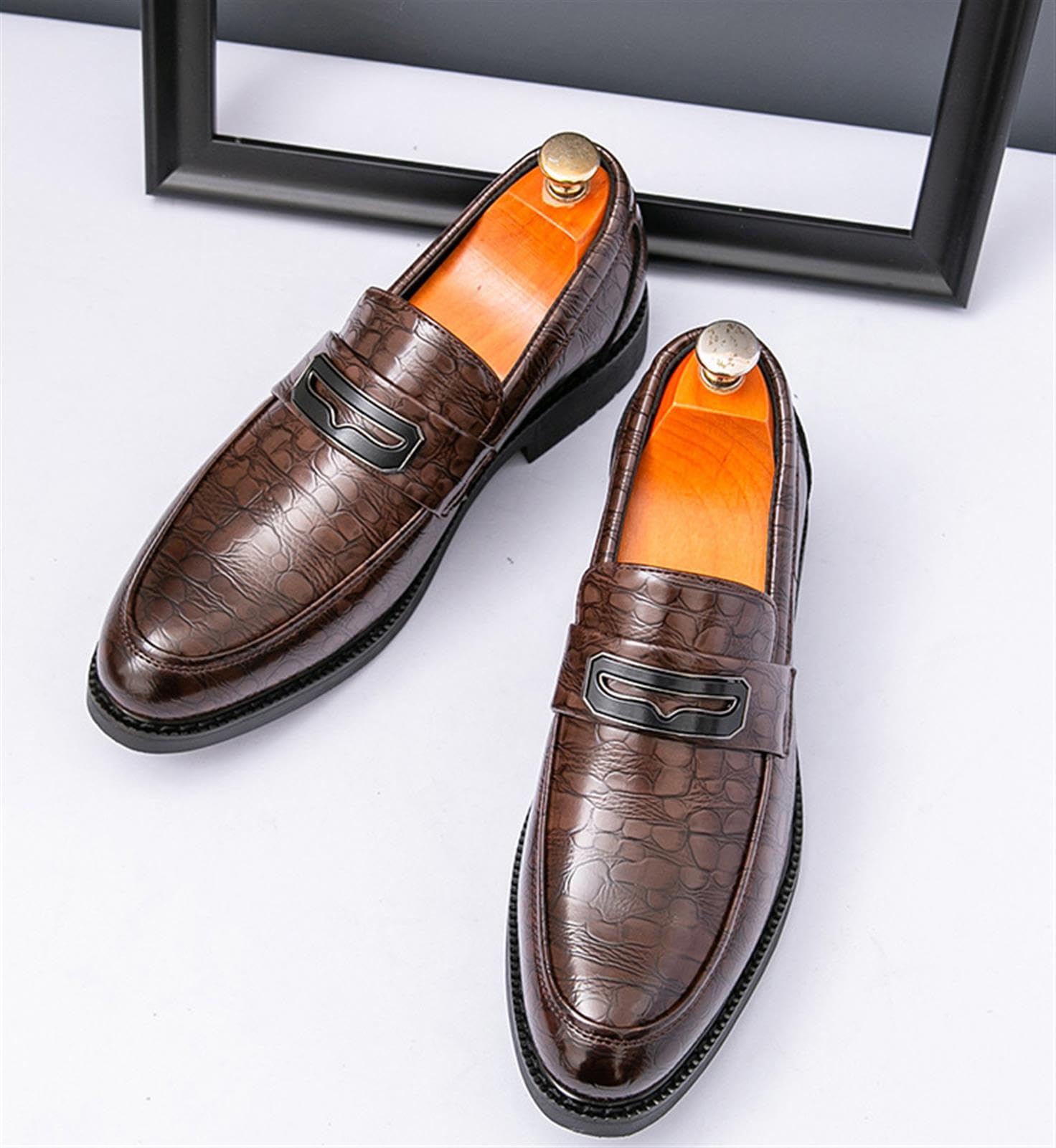 Mocasines Hombre Piel Patrón Cocodrilo, Zapatos de Vestir Casuales con Hebilla de Metal para Oficina Boda Fiesta Trabajo