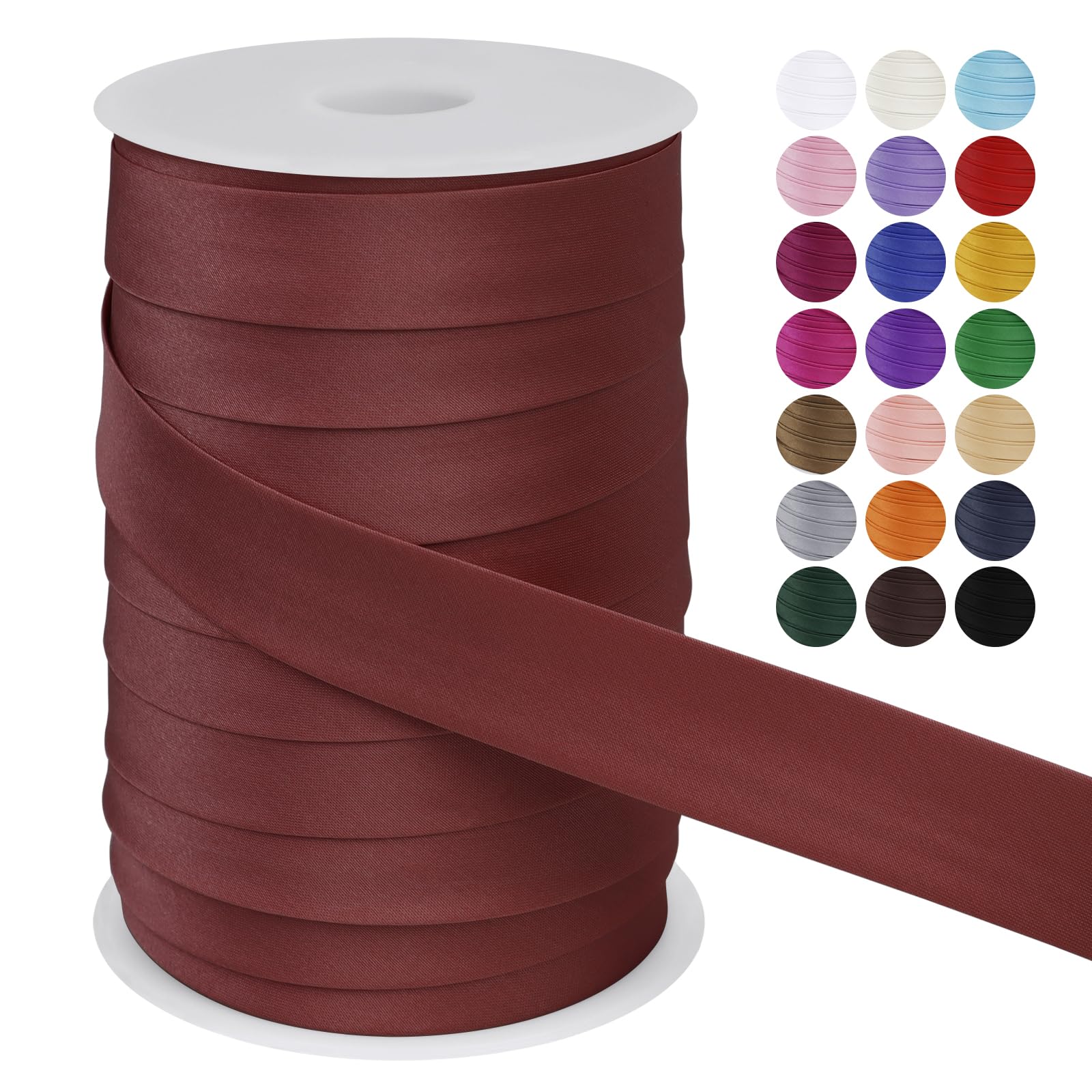 LEREATI Satin Bias Binding Tape for Sewing 1 Inch x 50m Sewing Bias Tape Double Fold, Upholstery Webbing Tape for Sewing, Bunting, Seaming, Quilting, Hemming (Red Brown)