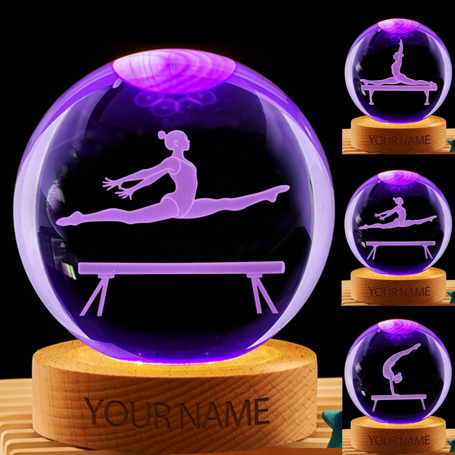 Personalized Gymnastics Crystal Ball Night Light, Custom Name Number Sport Crystal Led Lamp, Sports Party Decorations for Bedroom, Christmas Birthday Gifts for Gymnast Women Girls (Gymnastics)