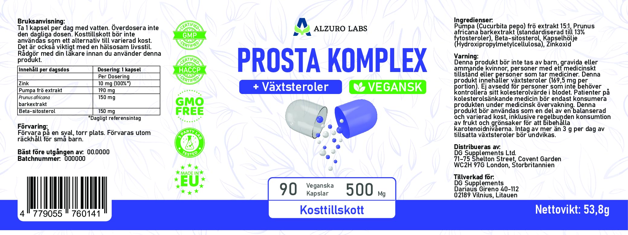Prosta Complex | Semi di Zucca, Pygeum africanum e Beta-Sitosterolo con Zinco | 90 capsule vegane | scorta per 3 mesi | Cucurbita pepo | GMP & Testato da Laboratorio Indipendente