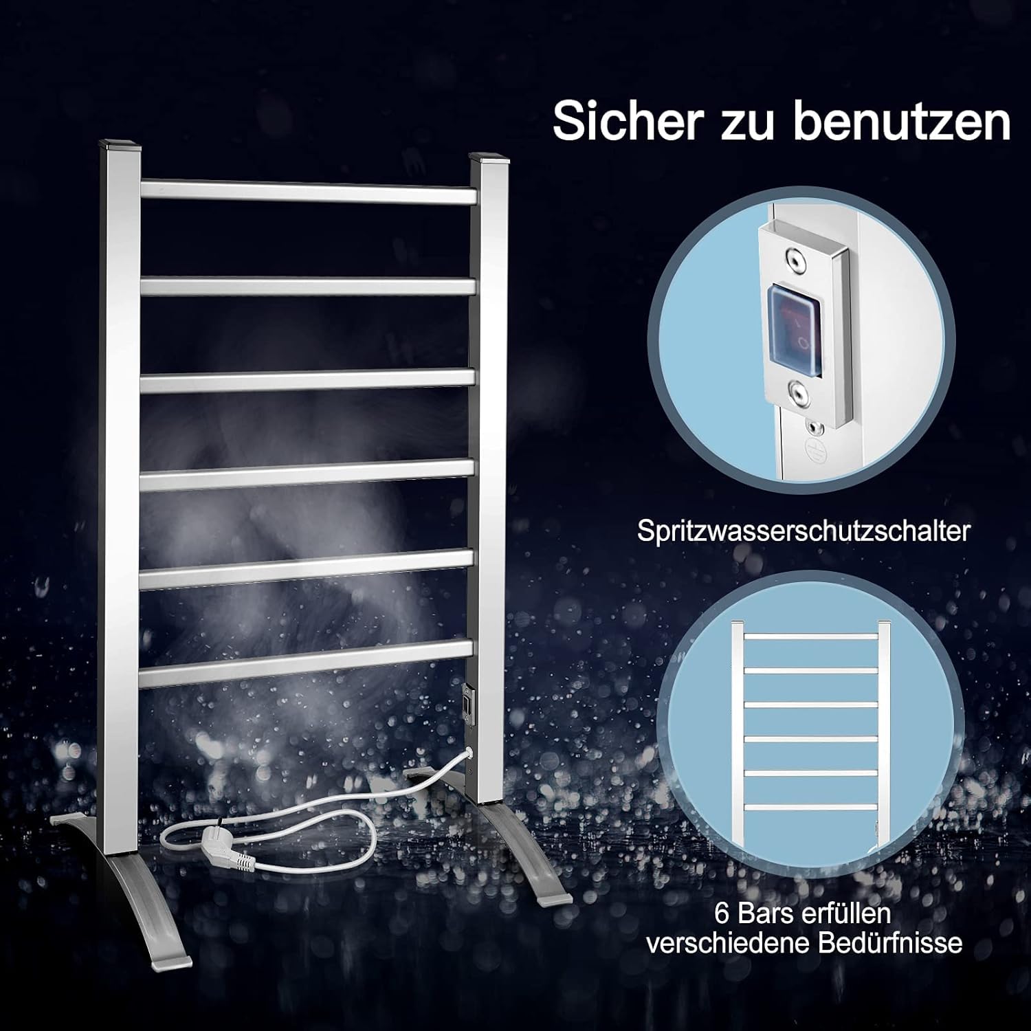 FANTASK 2 in 1 elektrischer Handtuchwärmer, Handtuchhalter mit 6 Stangen freistehend & wandmontiert, 100W Handtuchheizkörper Aluminiumrahmen, Handtuchtrockner Badheizkörper
