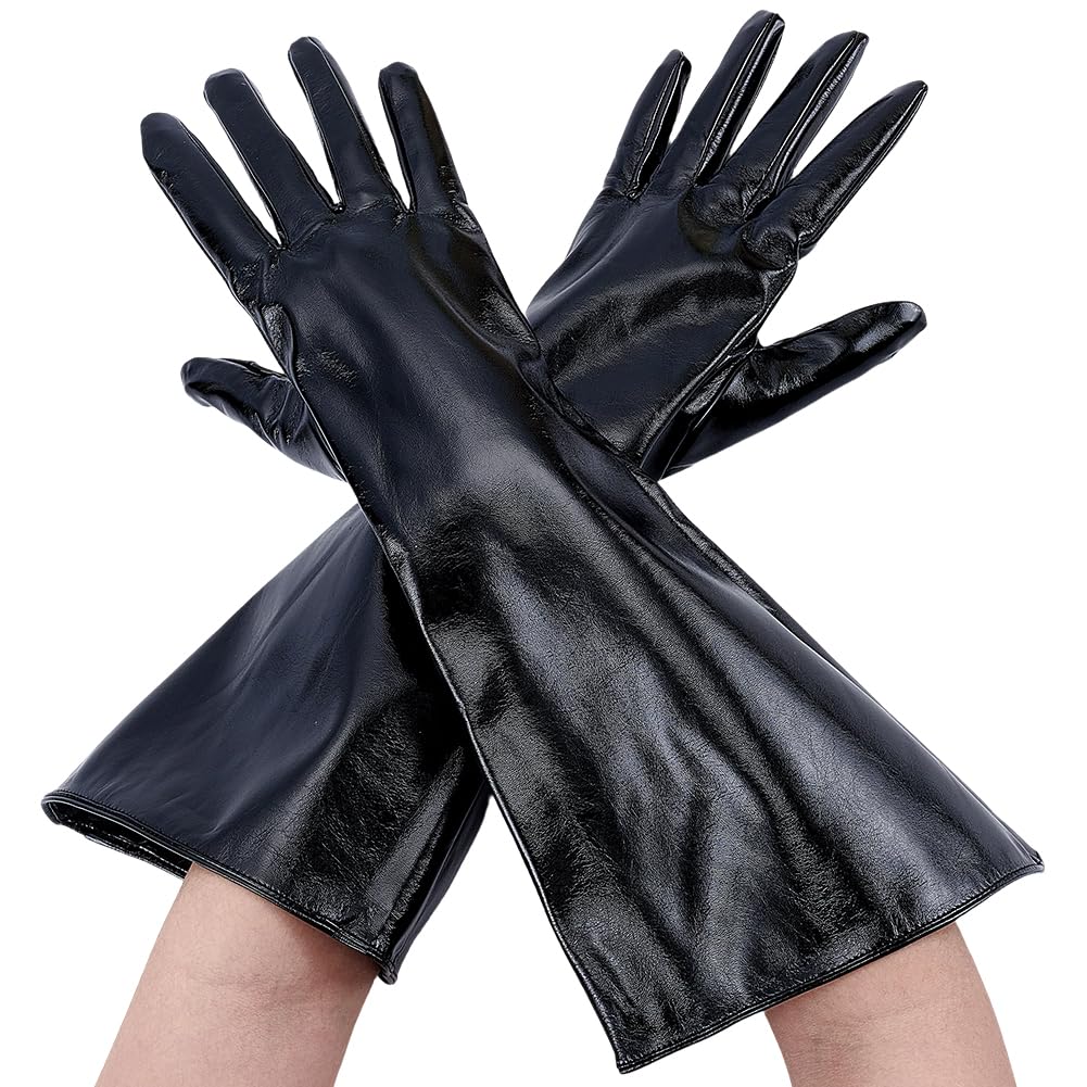 CALFOVERA 38cm Large Wide Cuff PU Leather Gauntlet Gloves for Women Long Winter Warm Full Finger Gloves Over Elbow Length Stretchy Faux Leather Arm Warmer for Halloween Costume Cosplay(Black)