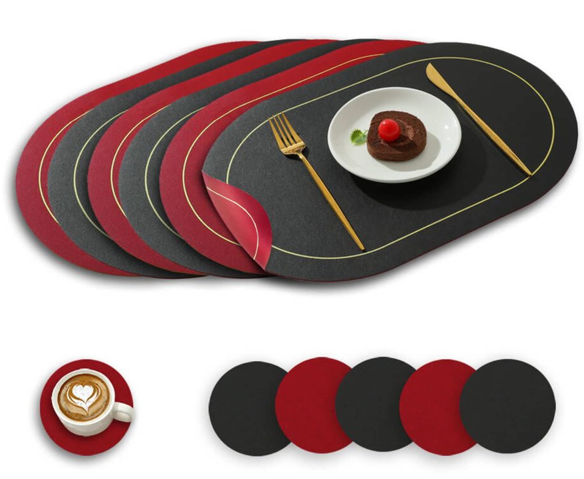 Sets de table ovales en cuir synthétique chic noir et rouge pour table raffinée