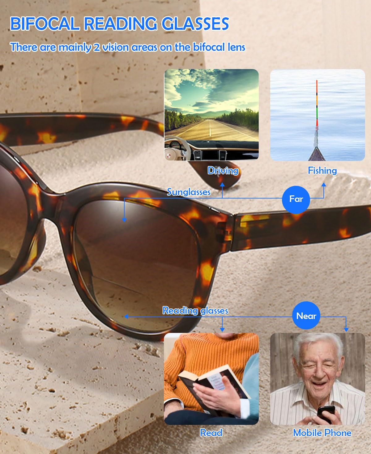 KOOSUFA Mode Bifokale Lesebrille mit Sonnenschutz Damen Progressive Sonnenbrille Lesesonnenbrille Blaulichtfilter Federscharnier Sonnenleser Outdoor Lesebrillen 1.0 1.5 2.0 2.5 3.0 3.5 4.0