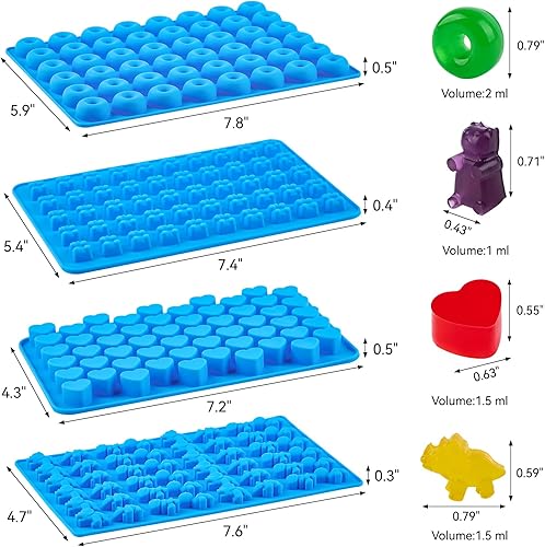 Miniatura 2 de 4 moldes de silicona para gomitas, 201 cavidades, antiadherentes, tamaño mini, para osos de goma, dinosaurios, corazones y donas, con 2 goteros para