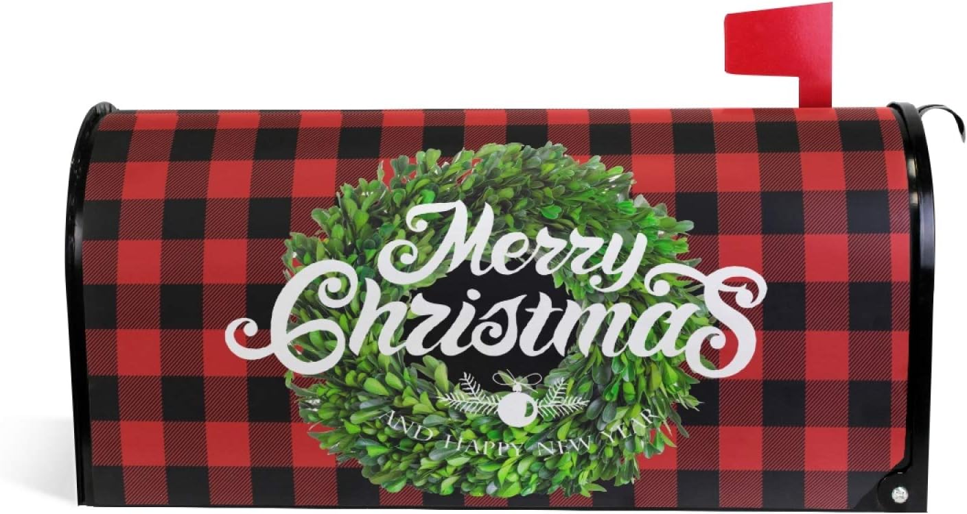 Christmas Boxwood Wreath Magnetic Mailbox Cover MailWraps Berry Buffalo Plaid Xmas Wraps New Year Winter Post Box Standard Size 20.8(L) x 18(W) for Outside Garden Home Decor
