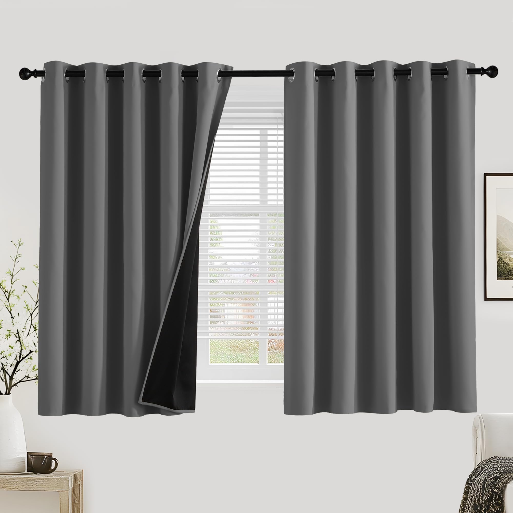 PONY DANCE 100% Blackout Curtains for Bedroom - Thermal Insulated Full Blackout Eyelet Curtains & Drapes Heat and Light Blocking Panels for Living Room with Black Liner 2 Pcs, 66 x 54 Inch, Grey