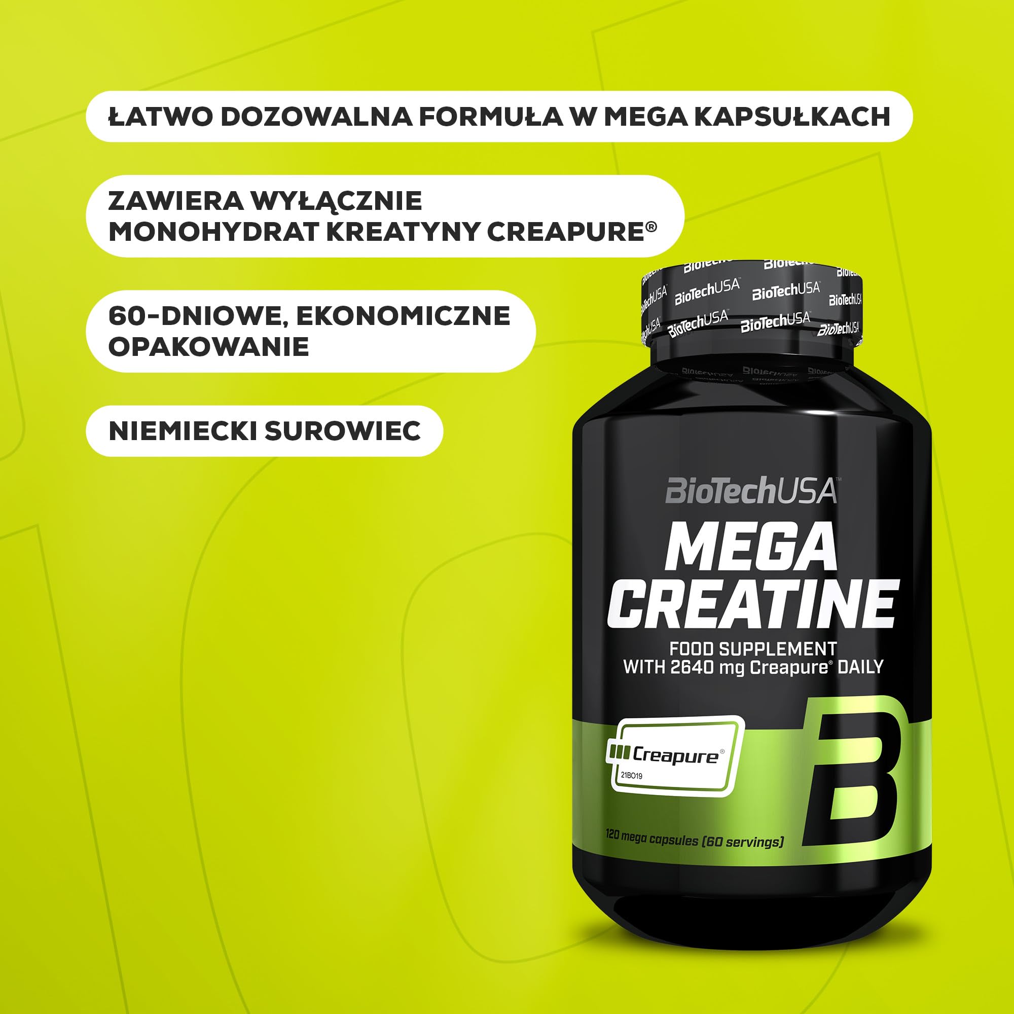 BioTechUSA Mega Creatine | Creapure® Monohydrat kreatyny | Kapsułki o wysokiej absorpcji | Bez laktozy i glutenu | 60-dniowa dawka | Idealny dla sportowców i aktywnych dorosłych | 120 mega kapsułek