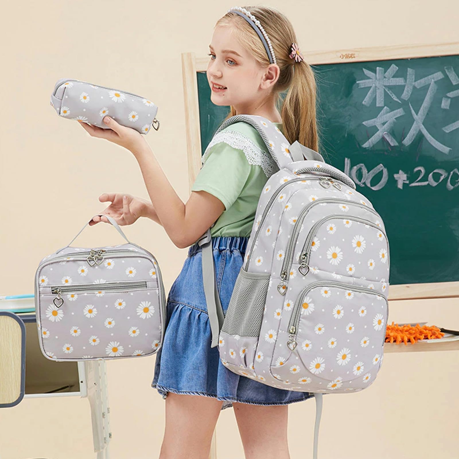 TEidea Zaino Scuola Set di Zaini per Ragazze della Moda, Set di Borse per La Scuola 3Pcs, Stampa Floreale, Zaini per Adolescenti, Adatti agli Studenti