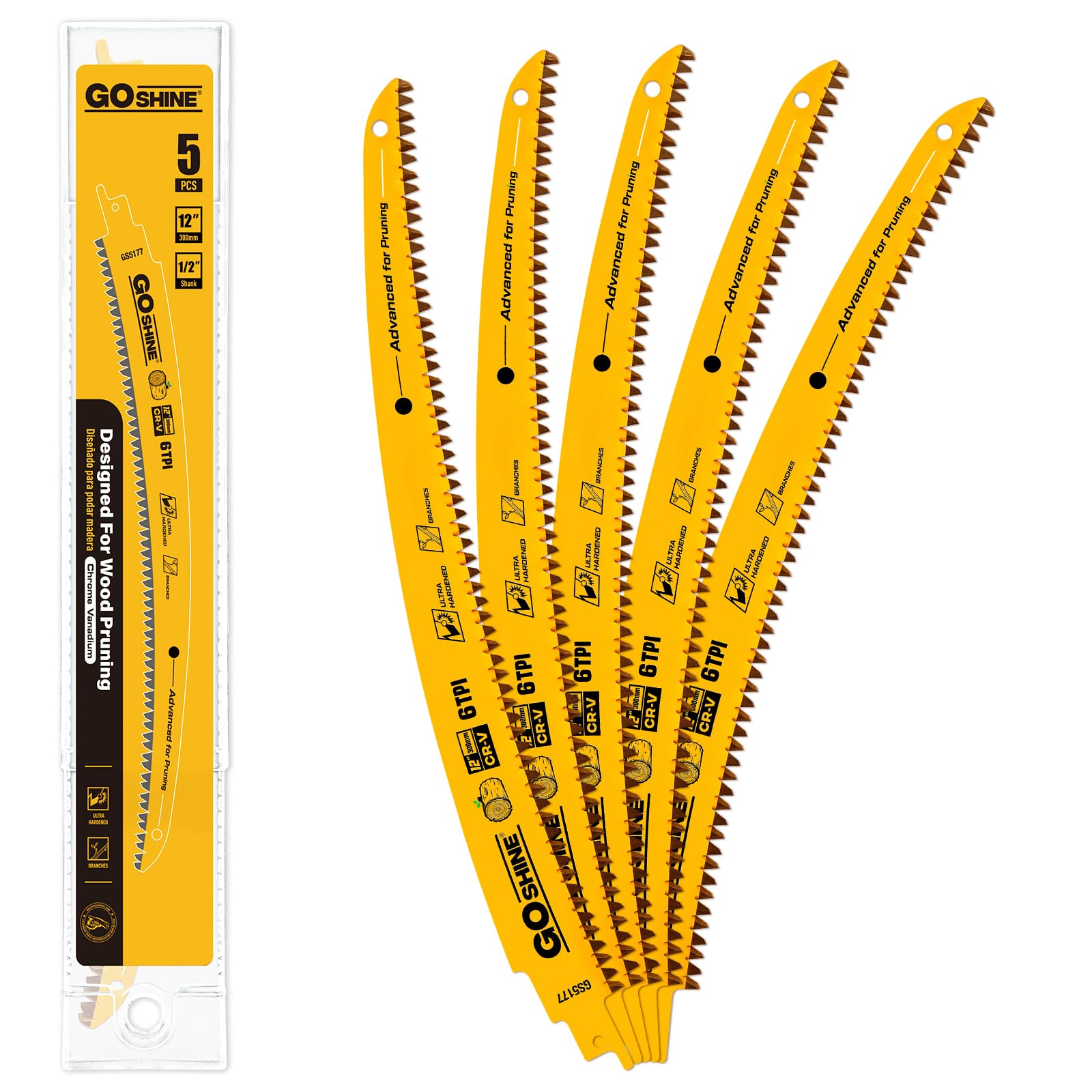 goshine Confezione da 5 lame giapponesi per sega alternativa, 30,5 cm, bordo ad arco, lame per potatura del legno, 6TPI per tagliare alberi, taglio del legno,