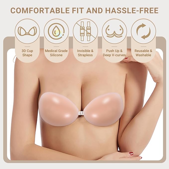 Sticky Bra – Strapless & Backless Push Up Adhesive for Women, Invisible Silicone Bra with Nipple Covers