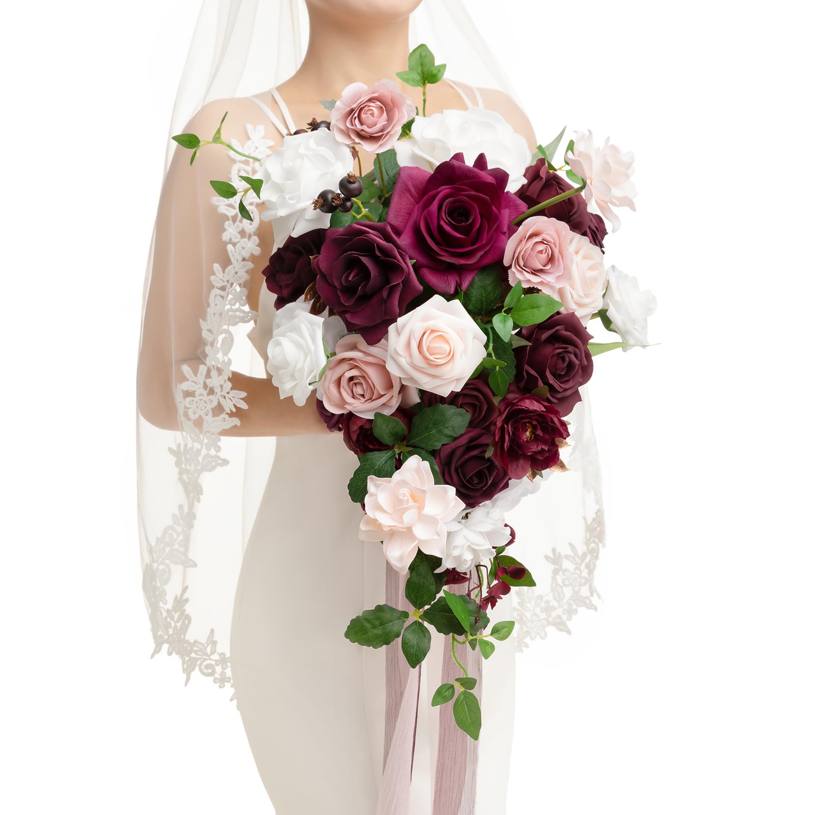 Photo 1 of Ling's moment Red Bridal Bouquet Cascading, Marsala Wedding Bouquets for Bride, 13 Inch Bride Bouquets for Wedding Artificial Flowers Bouquets
